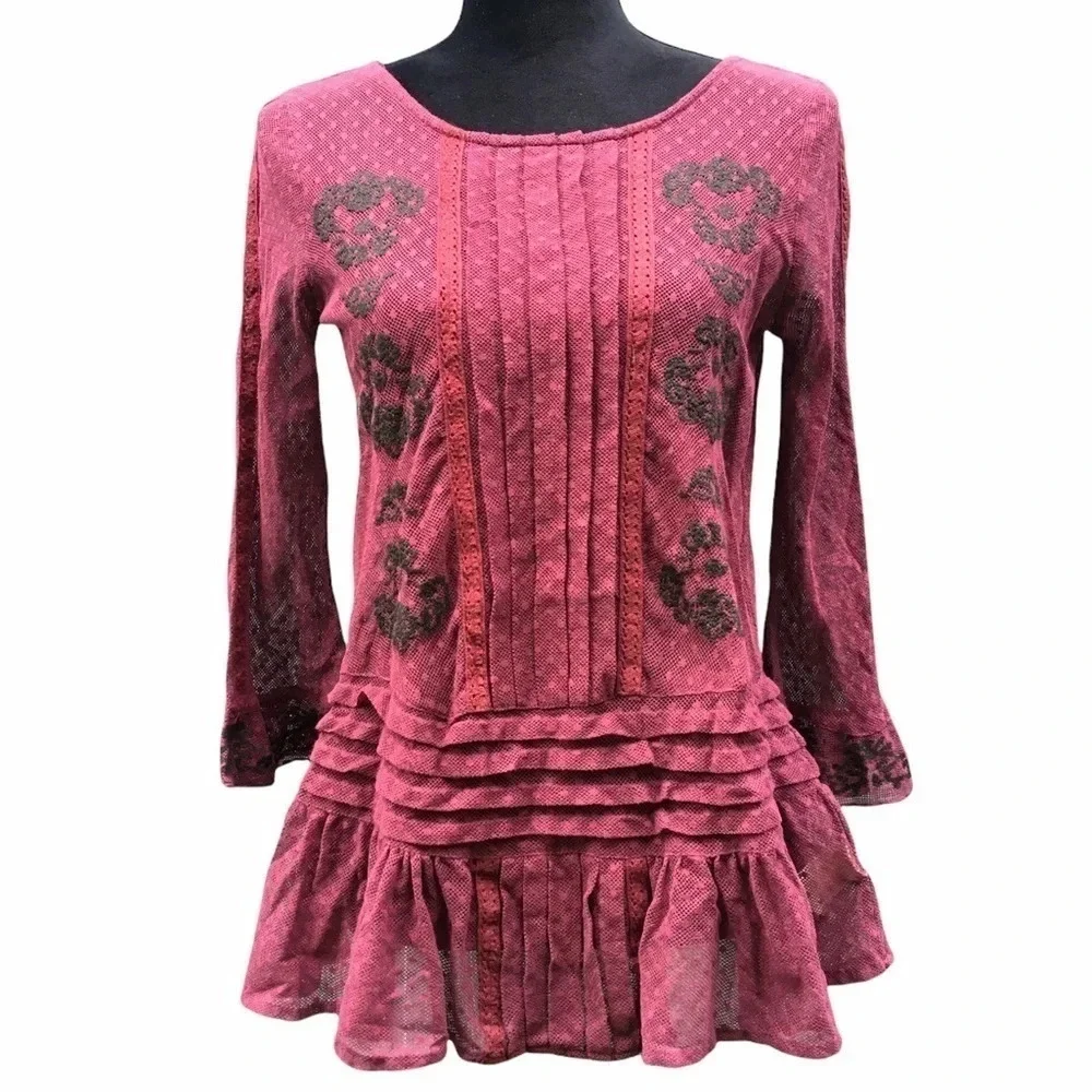 Free People Pink Embroidered Lace Peplum Top XS